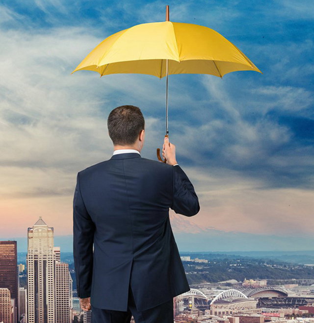 Professional walking with umbrella